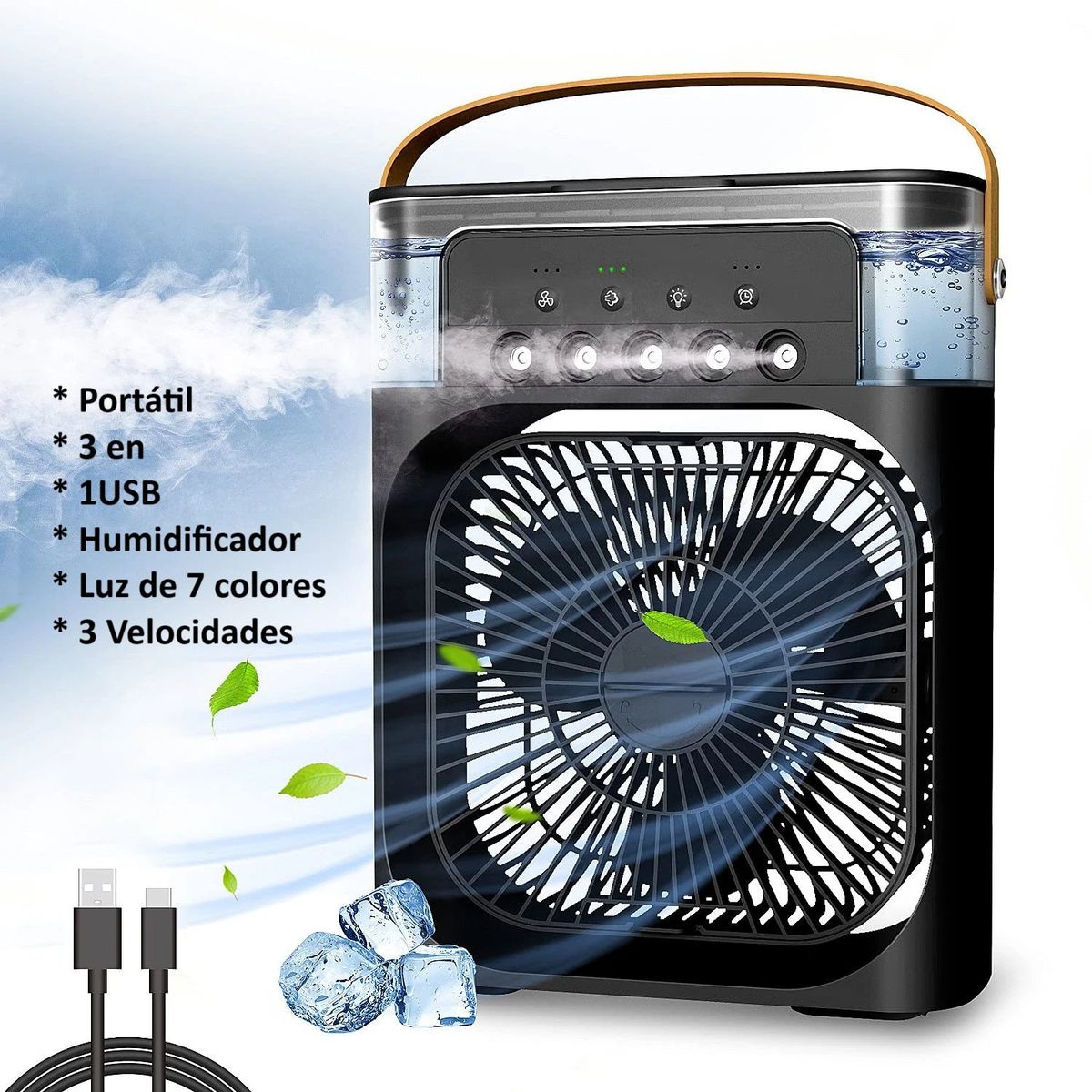 GENERICO - Ventilador  Humidificador 3 en 1 Enfriador Portátil Luz LED USB Genieka