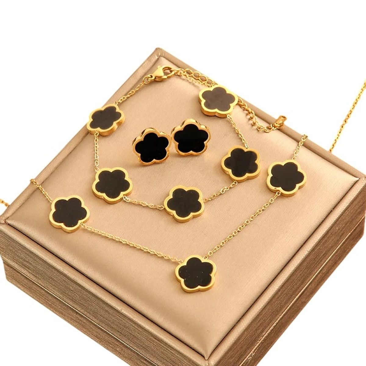 GENIEKA - Set Collar Aretes y Pulsera Trébol Negro Cinco Pétalos Mujer Genieka