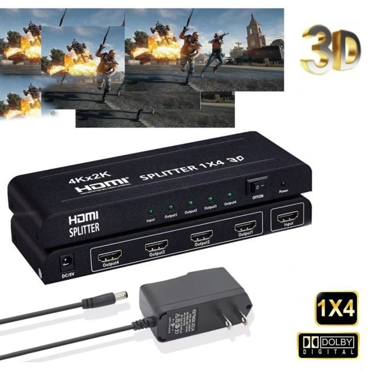 GENERICO - Splitter HDMI 1x4 Metalico Full Hd 4K 30hz 3D 1080P 60Hz 4 pantallas