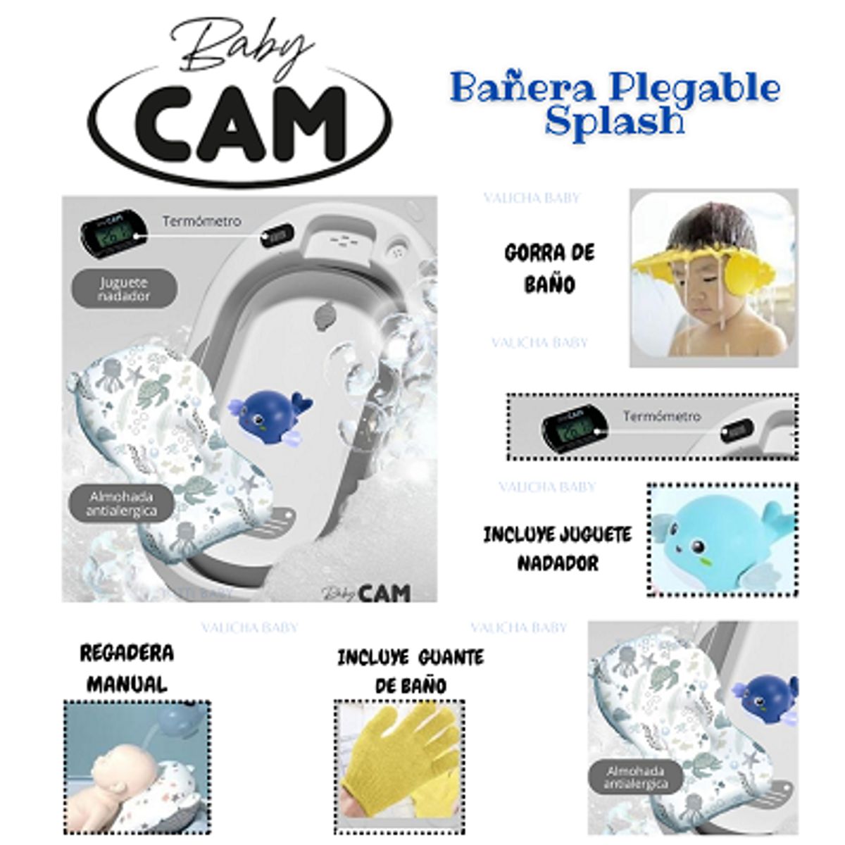 CAM - BAÑERA PLEGABLE PARA BEBE CON TERMOMETRO  - GRIS - BABY CAM