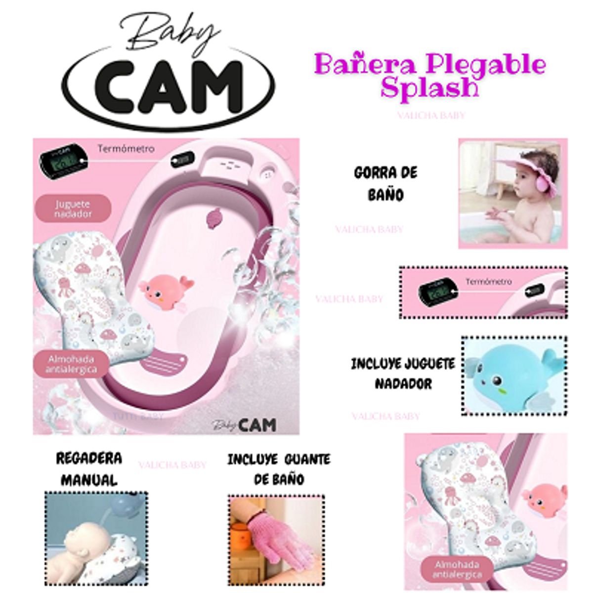CAM - BAÑERA PLEGABLE PARA BEBE CON TERMOMETRO  - ROSADO - BABY CAM