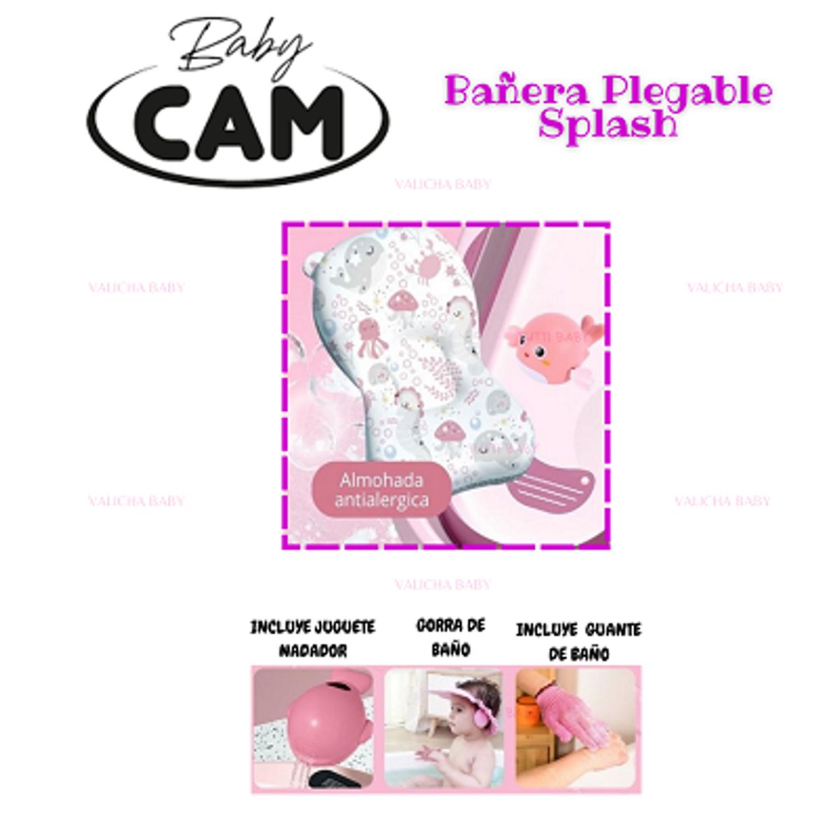 CAM - BAÑERA PLEGABLE PARA BEBE CON TERMOMETRO  - ROSADO - BABY CAM