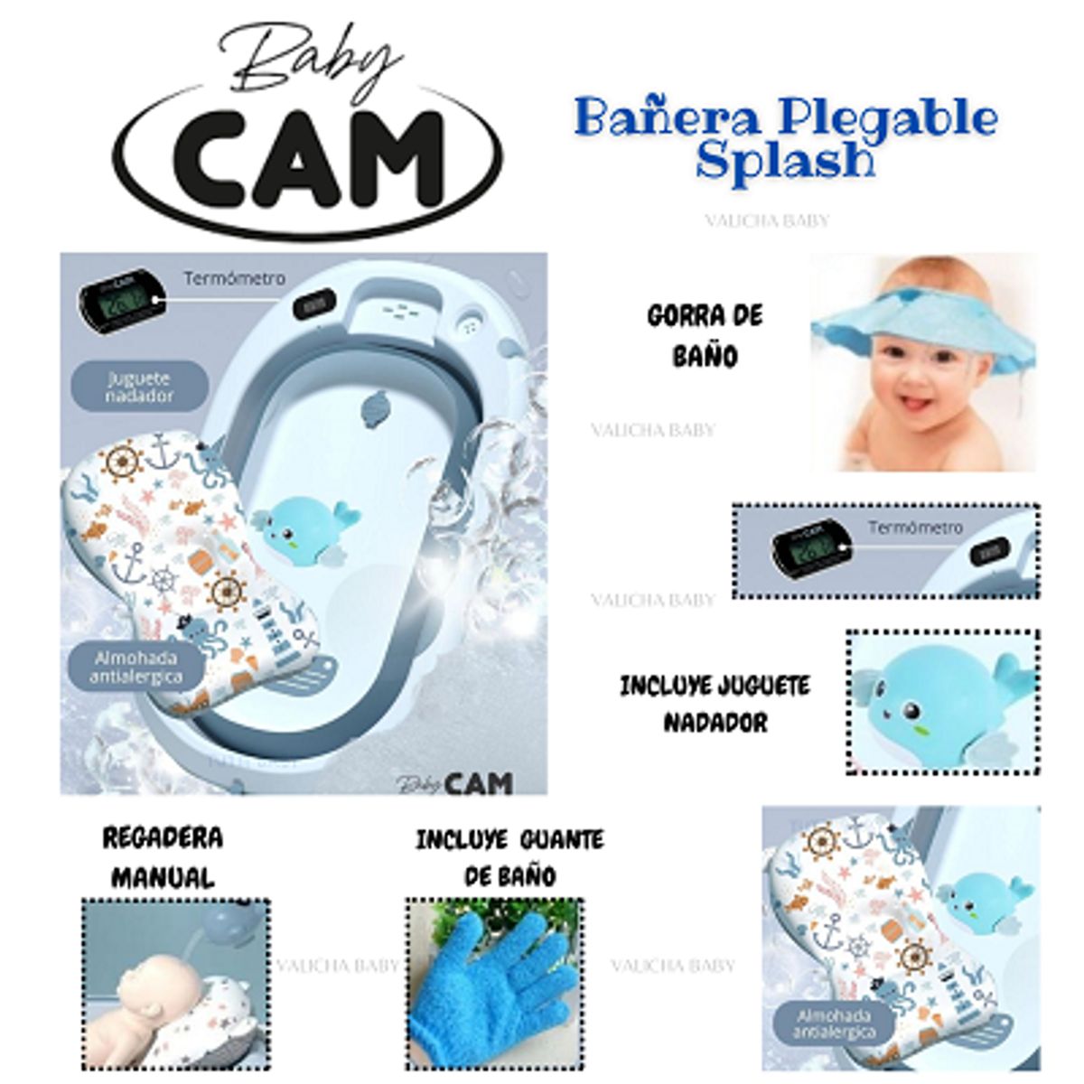 CAM - BAÑERA PLEGABLE PARA BEBE CON TERMOMETRO-CELESTE - BABY CAM