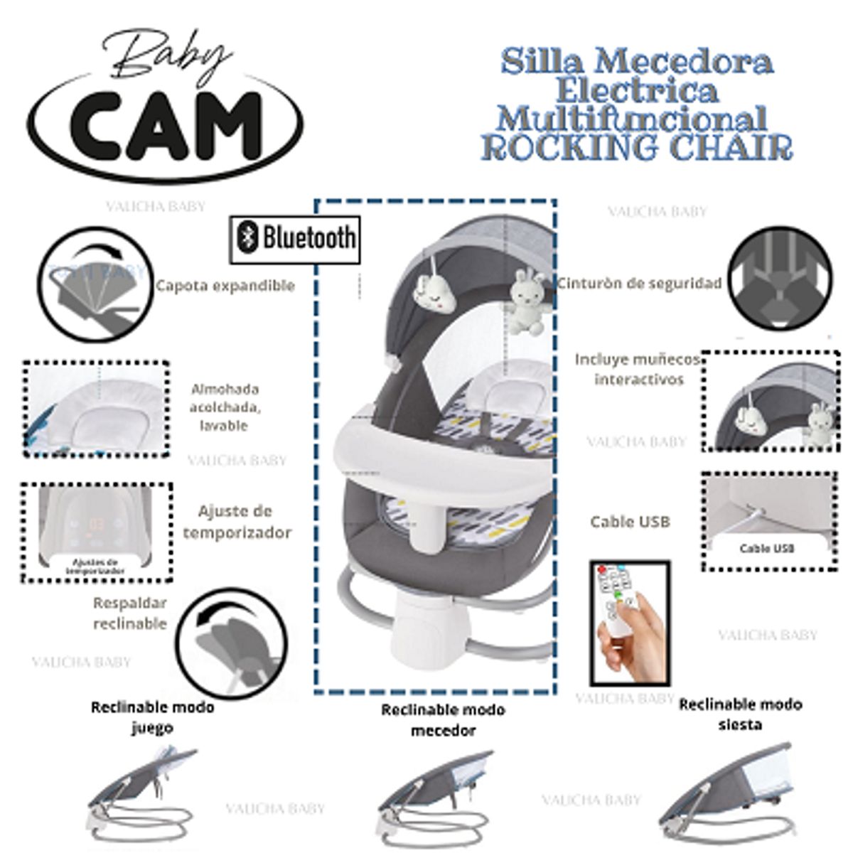 CAM - SILLA DE COMER  MECEDORA ELECTRICA  FUNCION BLUETOOTH-GRIS