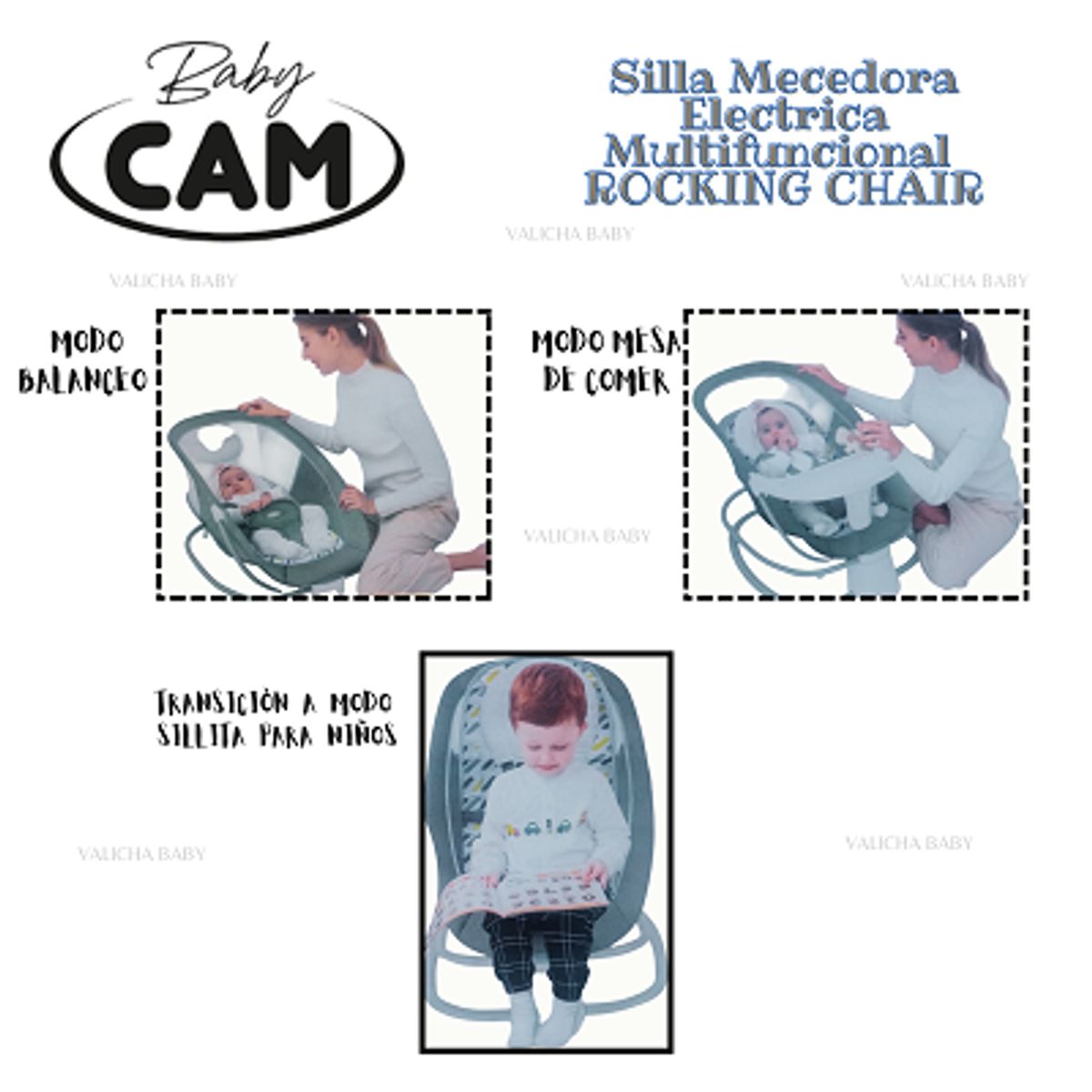 CAM - SILLA DE COMER  MECEDORA ELECTRICA  FUNCION BLUETOOTH-GRIS