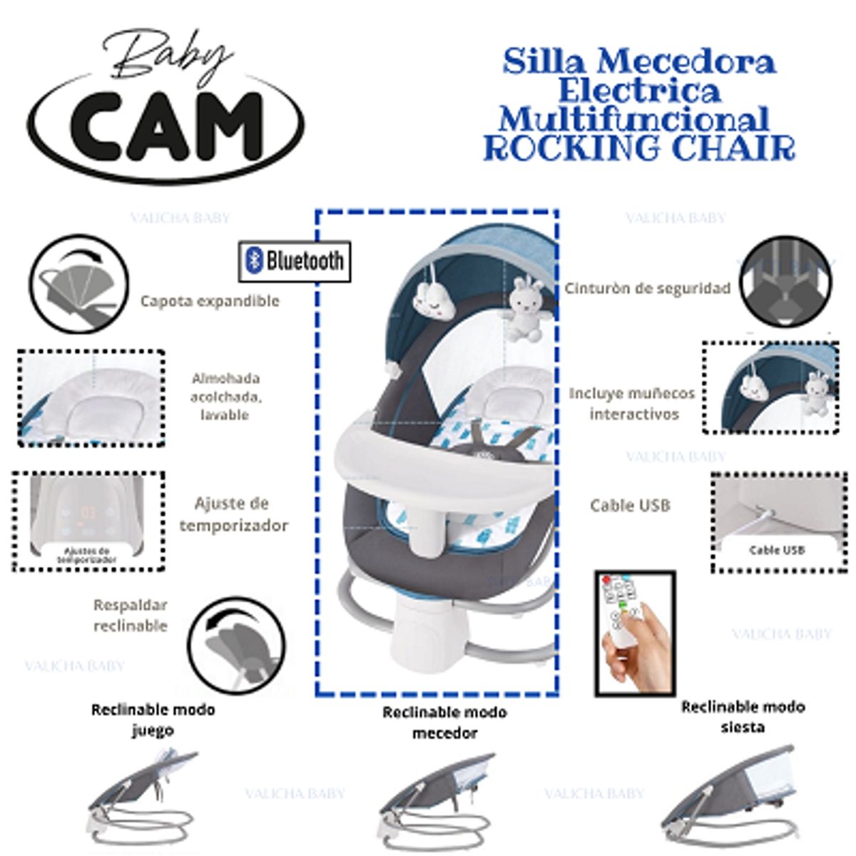 CAM - SILLA DE COMER  MECEDORA ELECTRICA  FUNCION BLUETOOTH- CELESTE