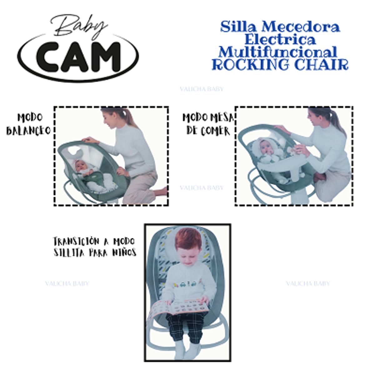 CAM - SILLA DE COMER  MECEDORA ELECTRICA  FUNCION BLUETOOTH- CELESTE