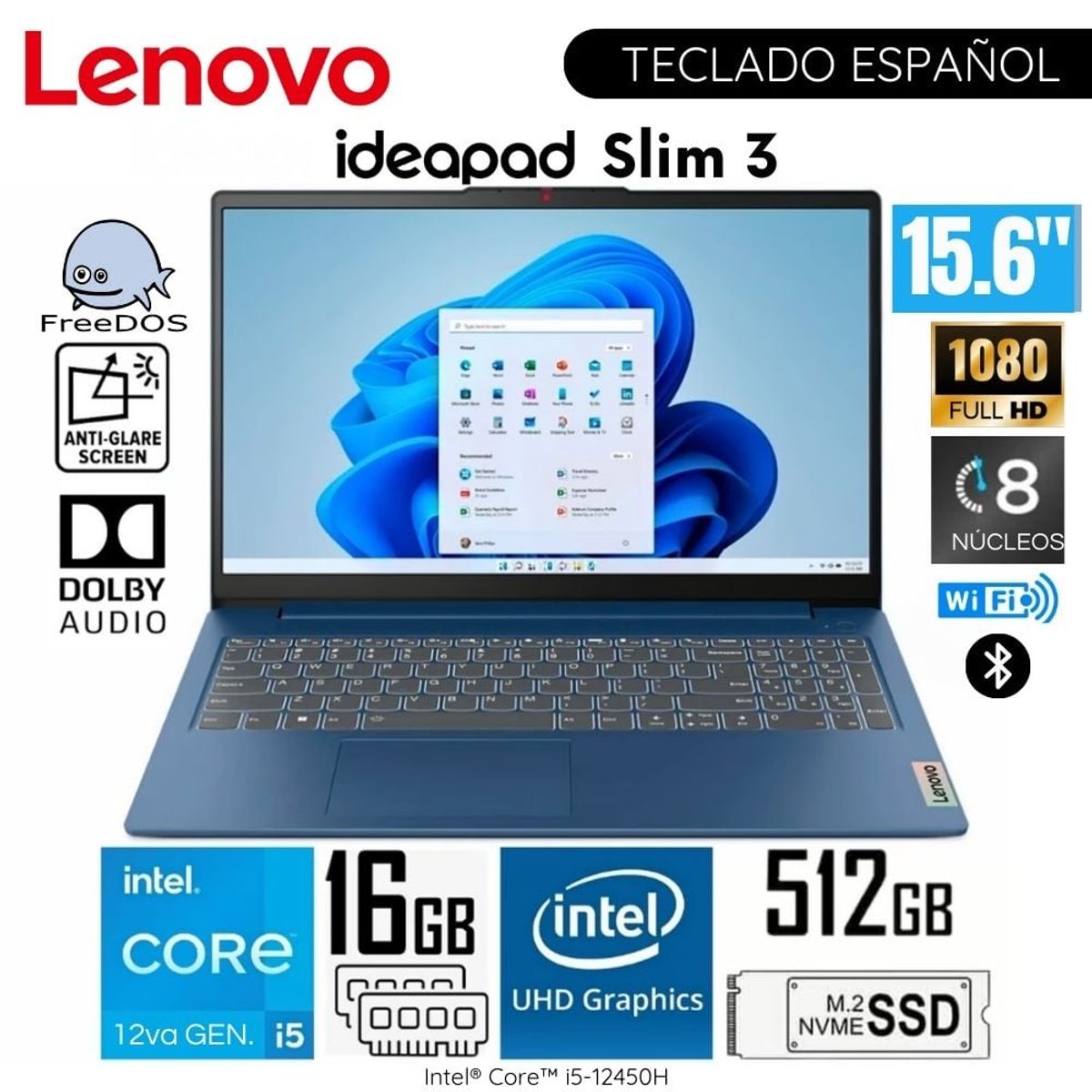 LENOVO - Laptop Lenovo IdeaPad Slim 3 15IAH8 Intel Core i5-12450H 16GB RAM 512GB SSD 15.6” FHD - 83ER001DLM