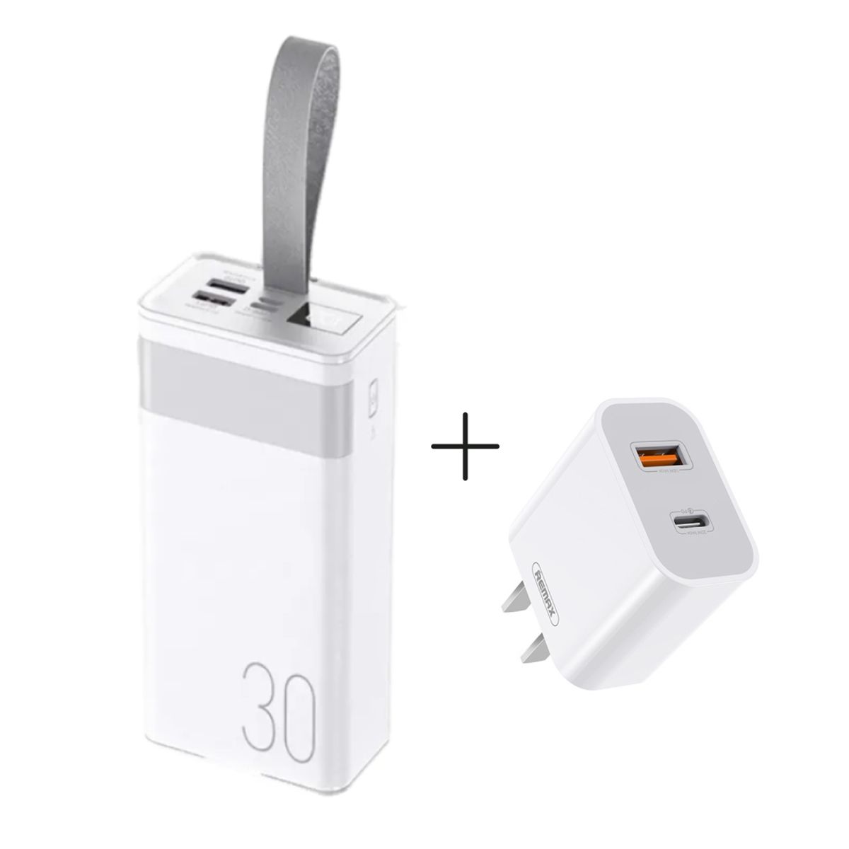 REMAX - Power Bank 30000mAh + Cargador de Pared Remax RPP-320 BLANCO + RP-U68