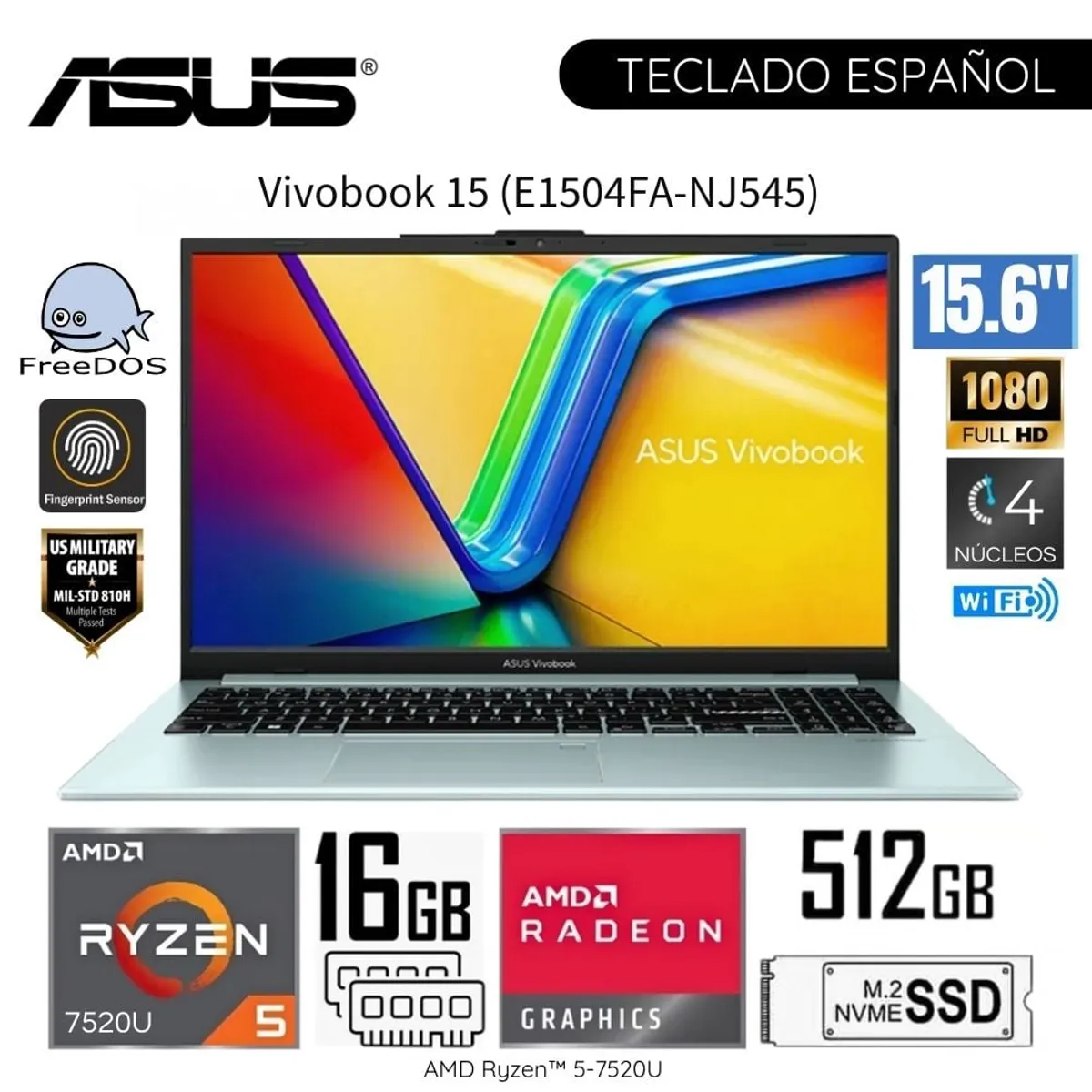 ASUS - Laptop Asus Vivobook E1504FA-NJ545 AMD Ryzen 5-7520U 16GB RAM 512GB SSD 15,6 FHD - Grey Green