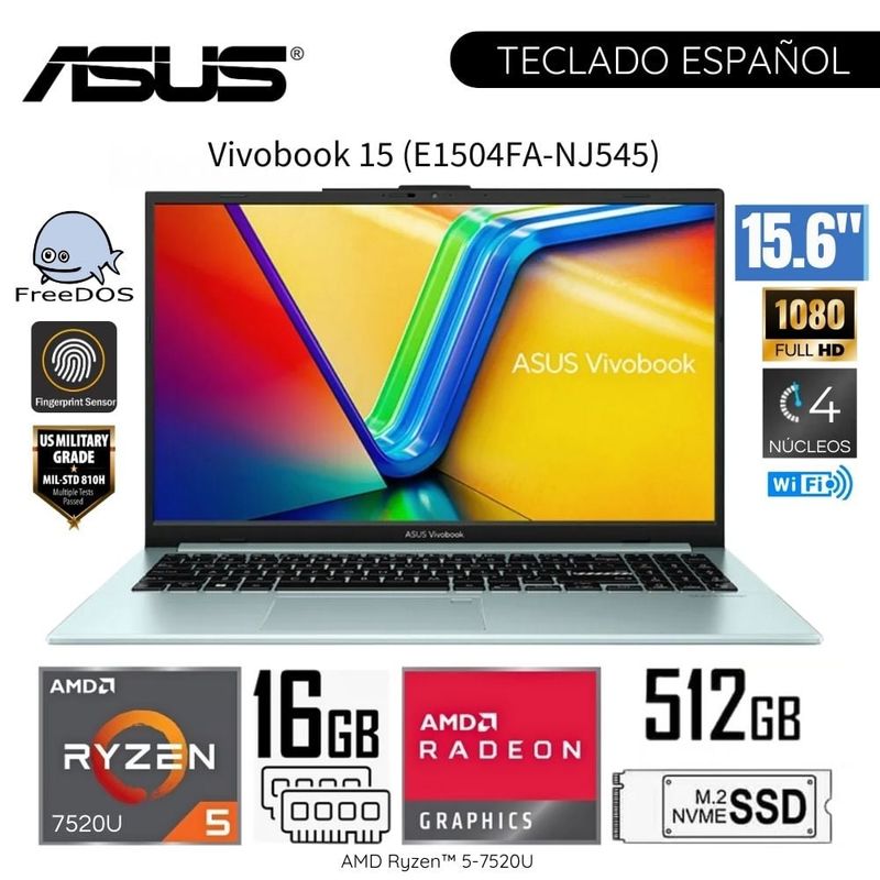 ASUS - Laptop Asus Vivobook E1504FA-NJ545 AMD Ryzen 5-7520U 16GB RAM 512GB SSD 15,6 FHD - Grey Green