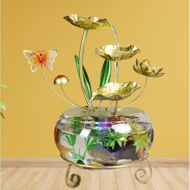 GENERICO - FUENTE DE AGUA CASCADA HOJA DE ORO DE LUJO ADORNO DE MESA 36X25X25CM