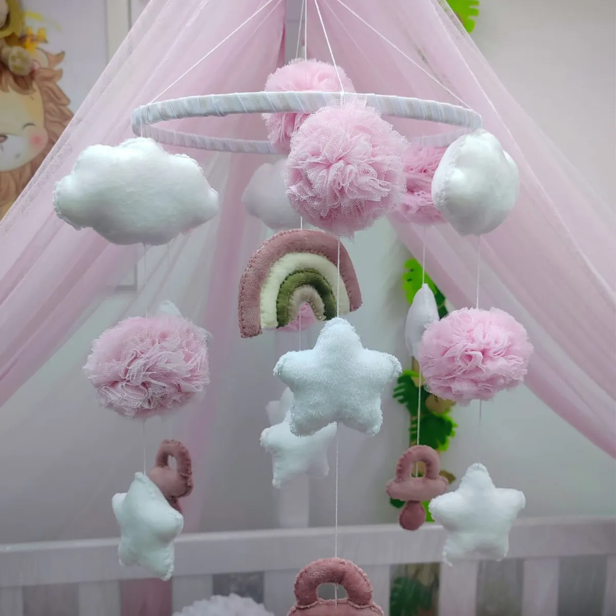 GENERICO - Movil cuna arcoiris con pompones de tull