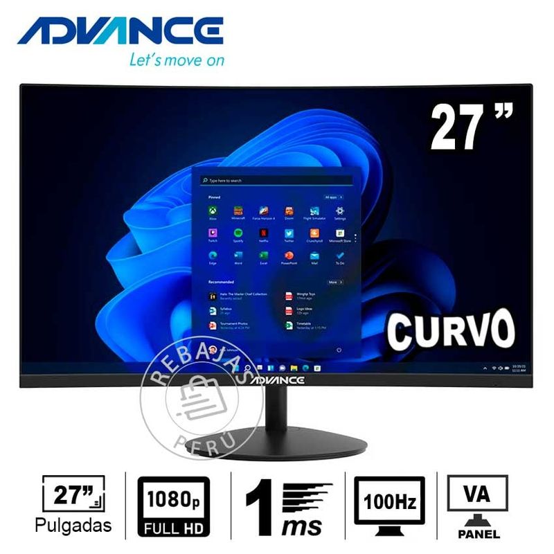 ADVANCE - Monitor Curvo Advance 27 FHD 100Hz 1ms HDMI DisplayPort R1500