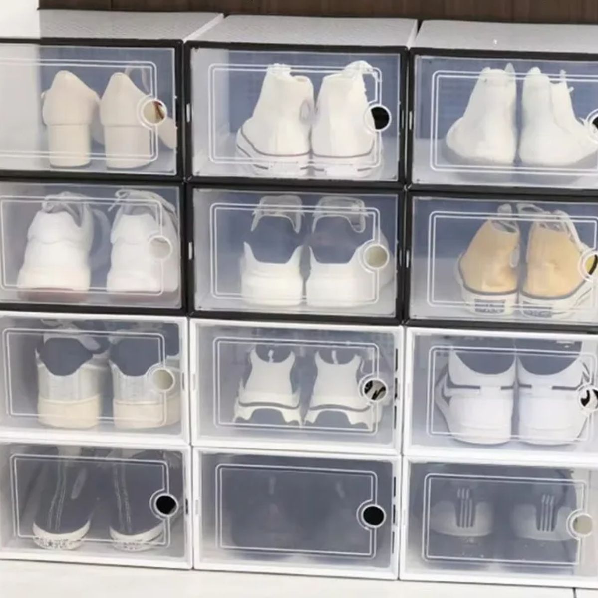 GENERICO - Set De 12 Organizadores De Zapatos Con Ventilación - Blanco y Negro