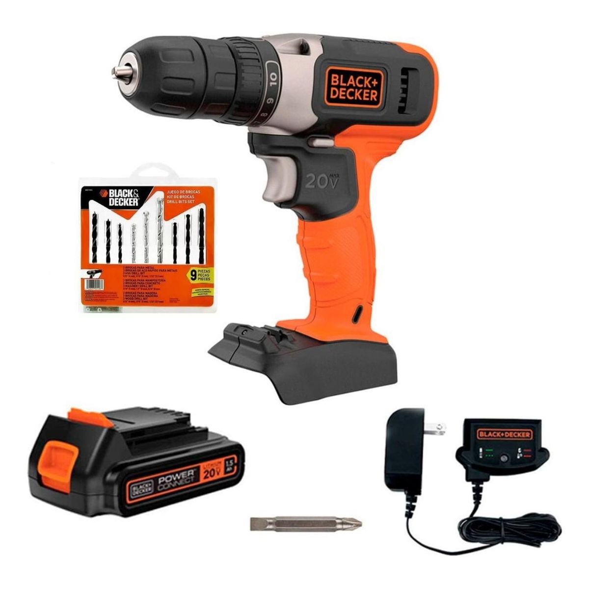 BLACK+DECKER - Taladro Atornillador Black  & Decker BCD702C1 20v + Set 9Pzs