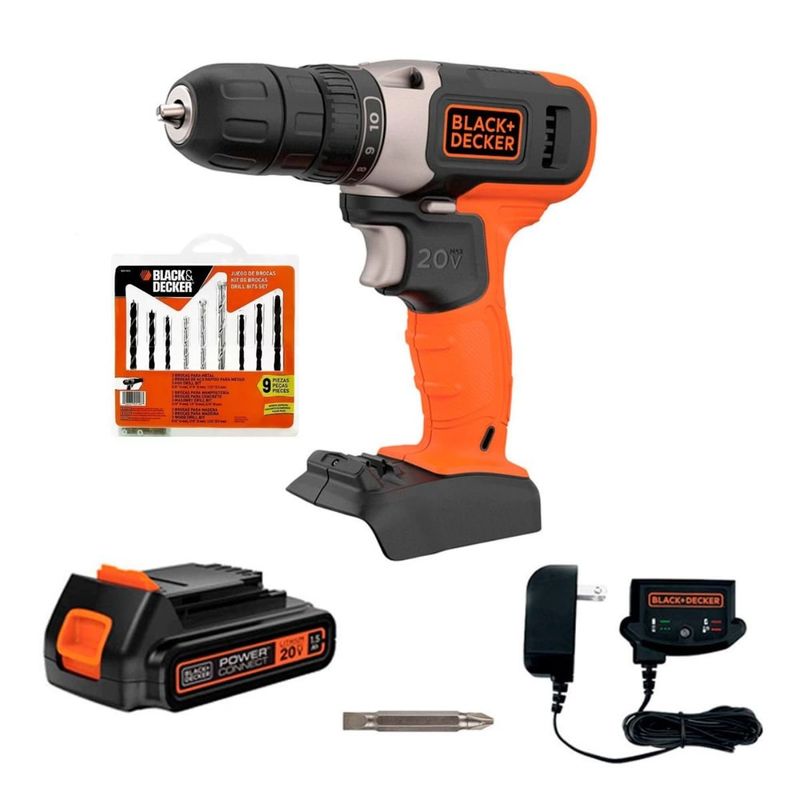 BLACK+DECKER - Taladro Atornillador Black  & Decker BCD702C1 20v + Set 9Pzs
