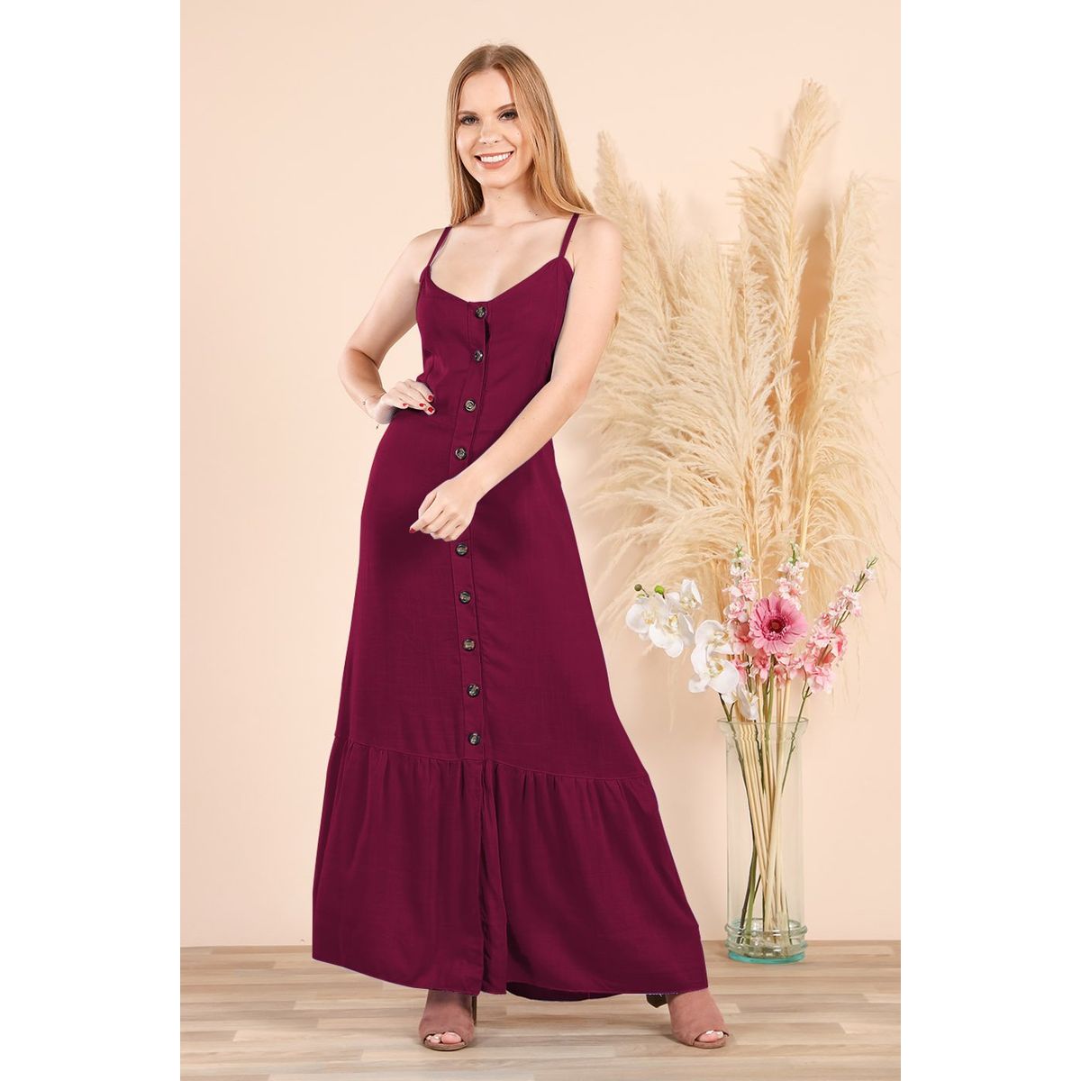 ARMA TU LOOK - VESTIDO CIELO LARGO DE LINO CON BOTONES Y TIRAS AJUSTABLES
