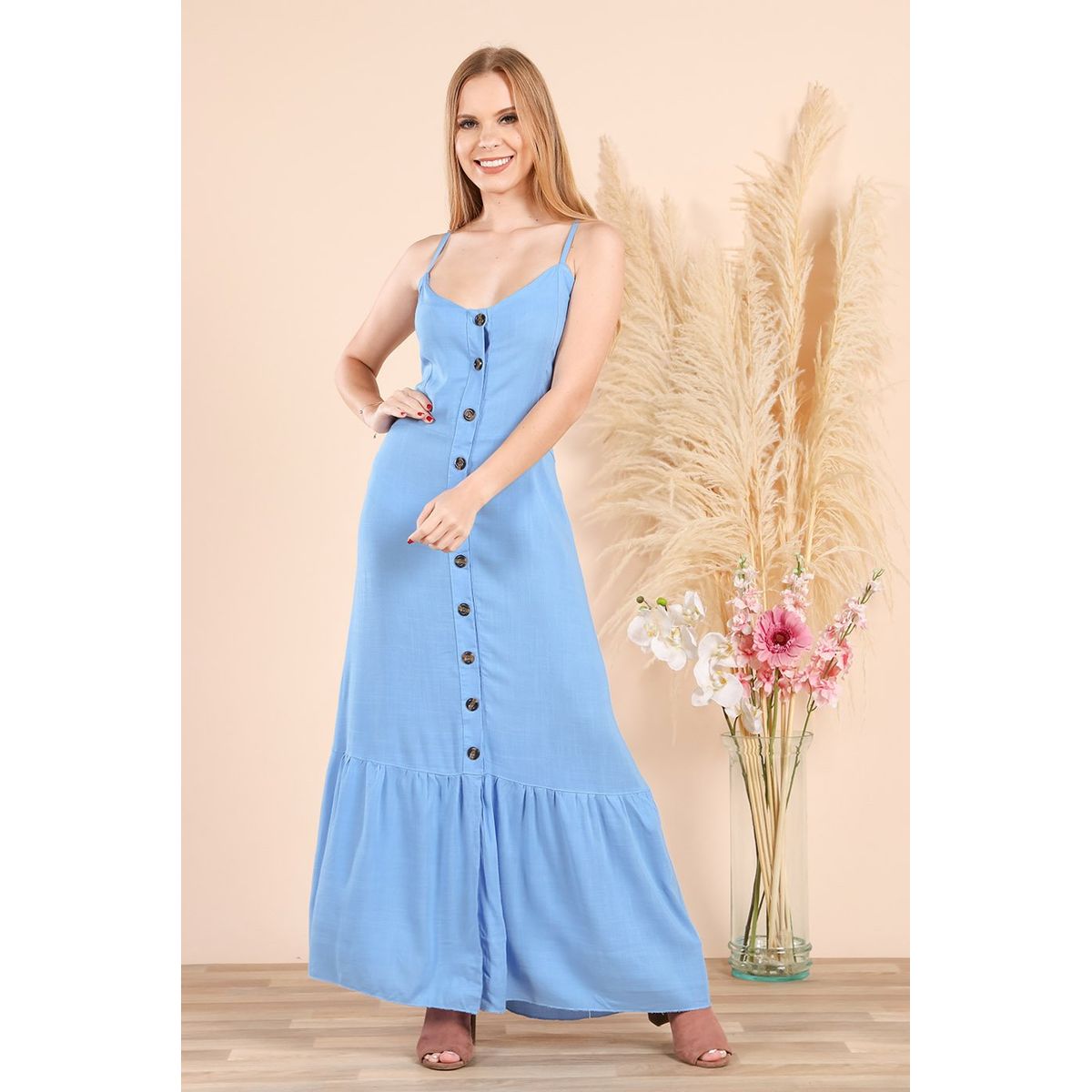 ARMA TU LOOK - VESTIDO CIELO LARGO DE LINO CON BOTONES Y TIRAS AJUSTABLES