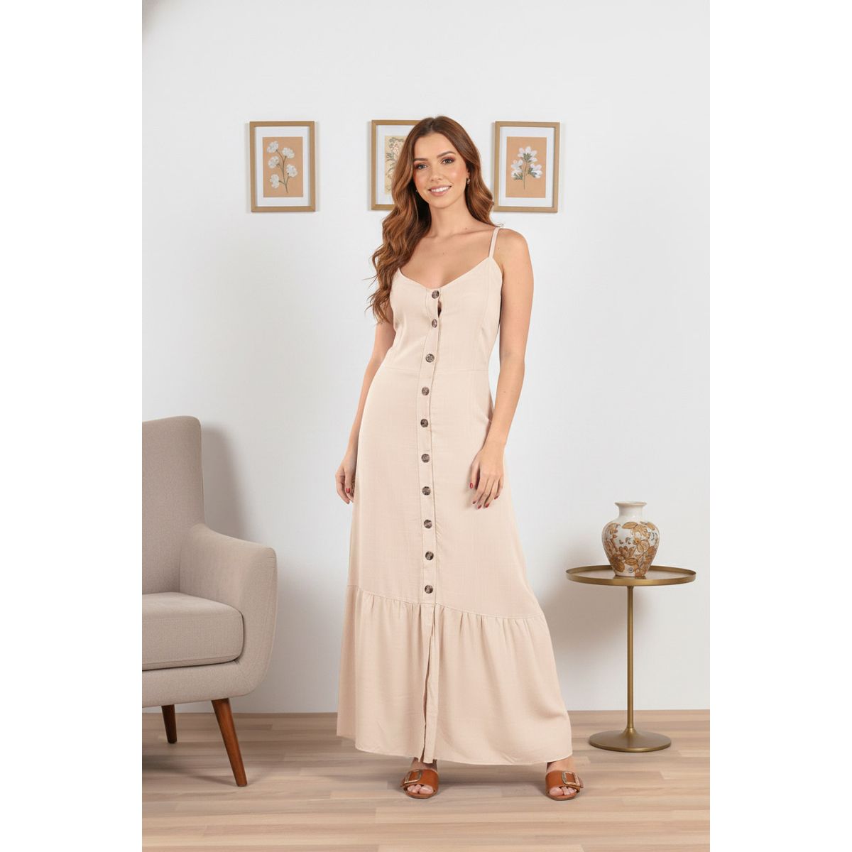 ARMA TU LOOK - VESTIDO CIELO LARGO DE LINO CON BOTONES Y TIRAS AJUSTABLES