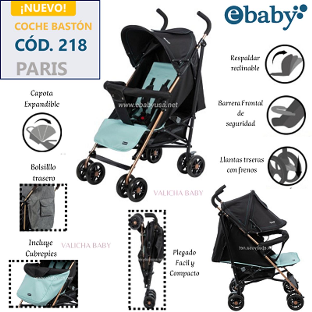 EBABY - COCHE BASTON RECLINABLE PARIS - VERDE
