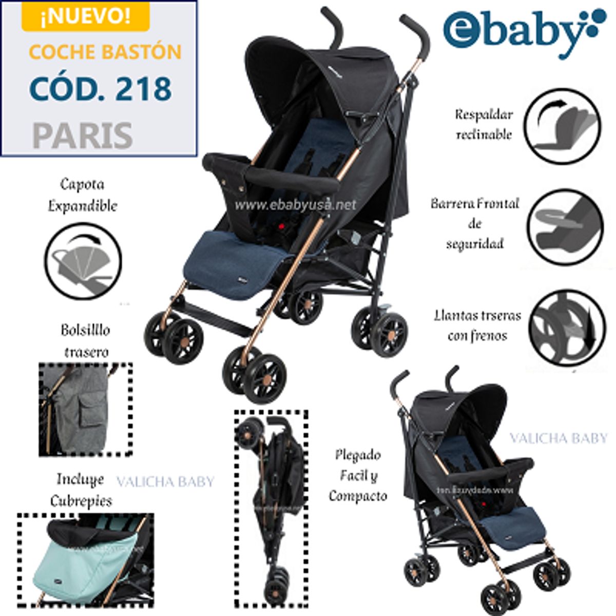 EBABY - COCHE BASTON RECLINABLE PARIS - AZUL