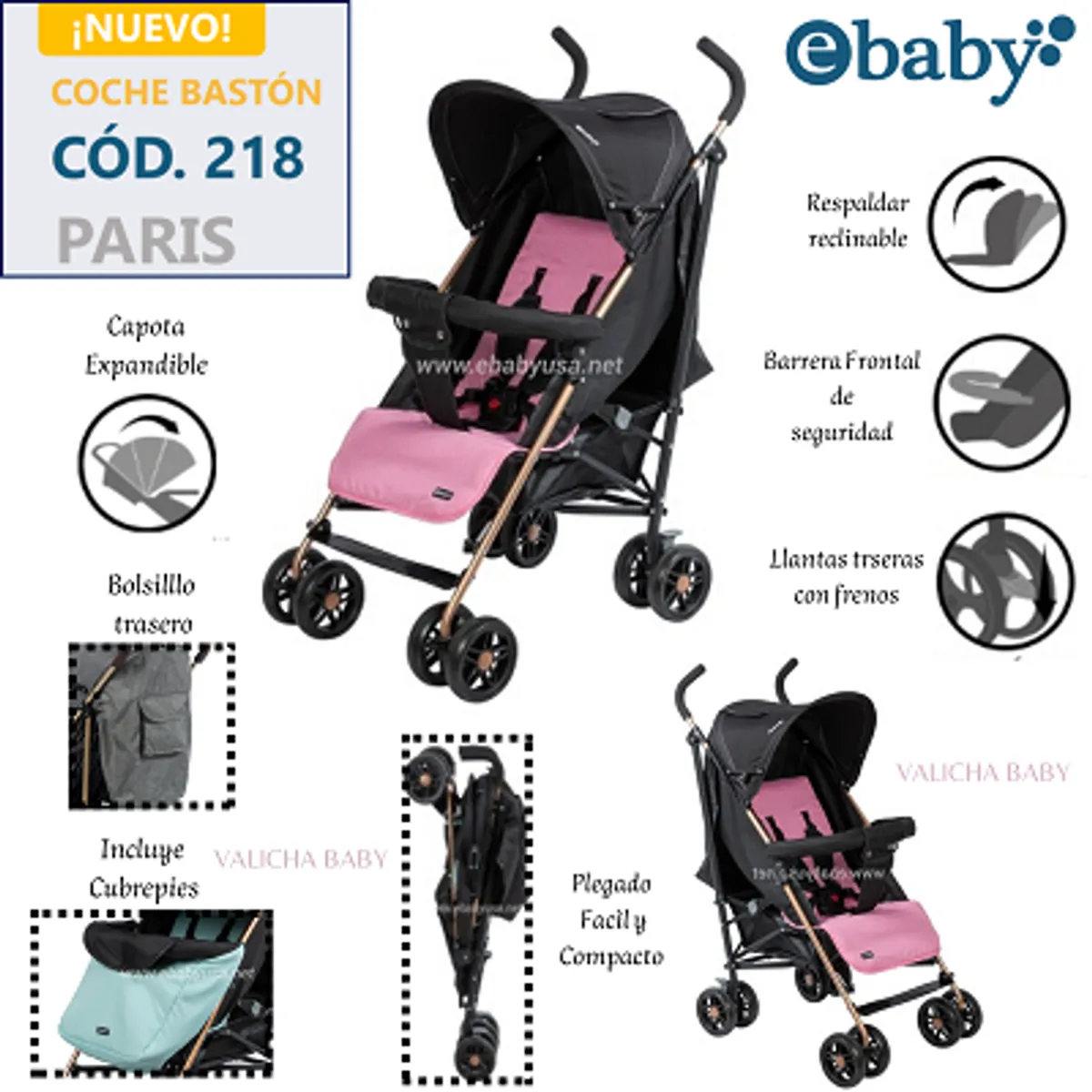 EBABY - COCHE BASTON RECLINABLE PARIS - ROSADO