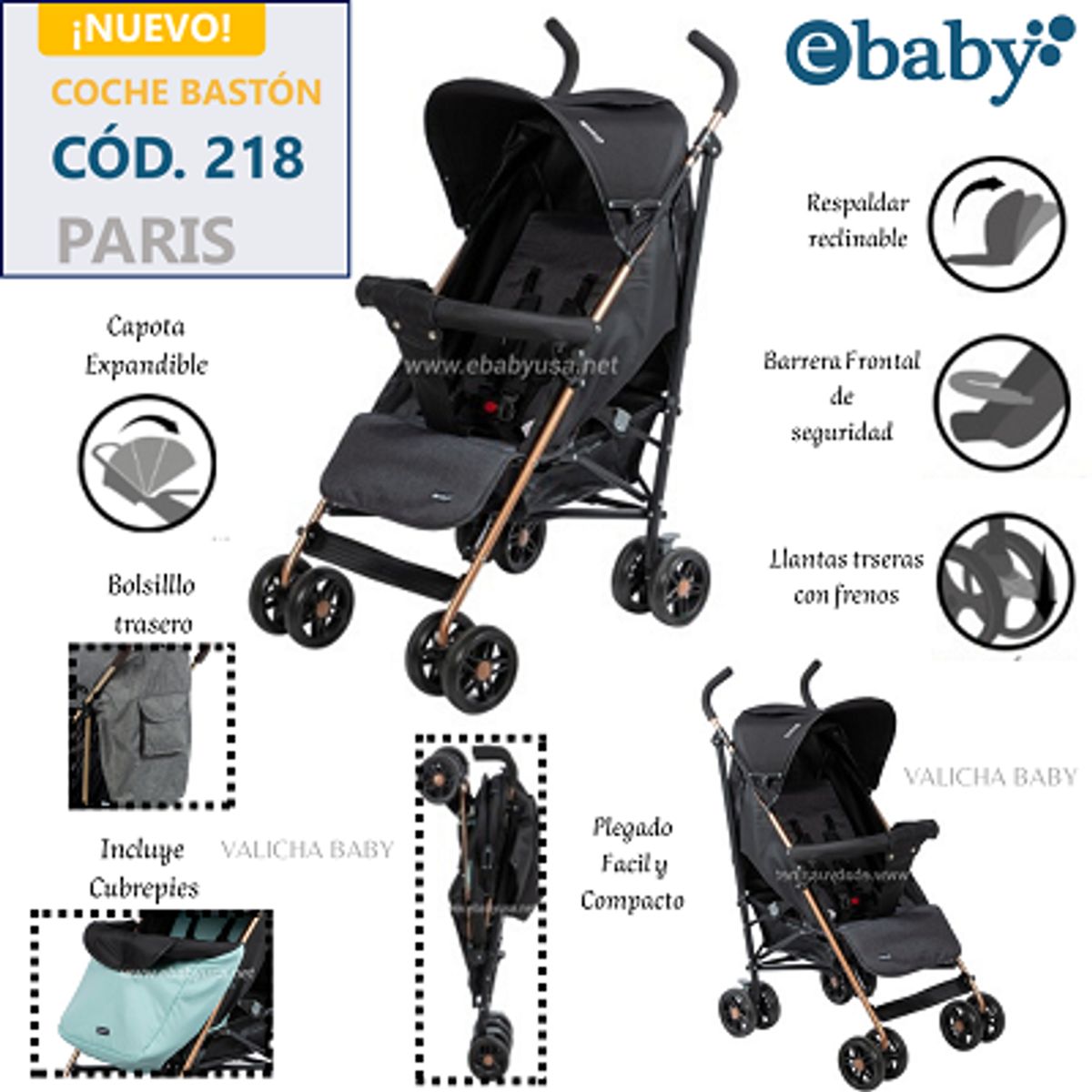 EBABY - COCHE BASTON RECLINABLE PARIS - NEGRO