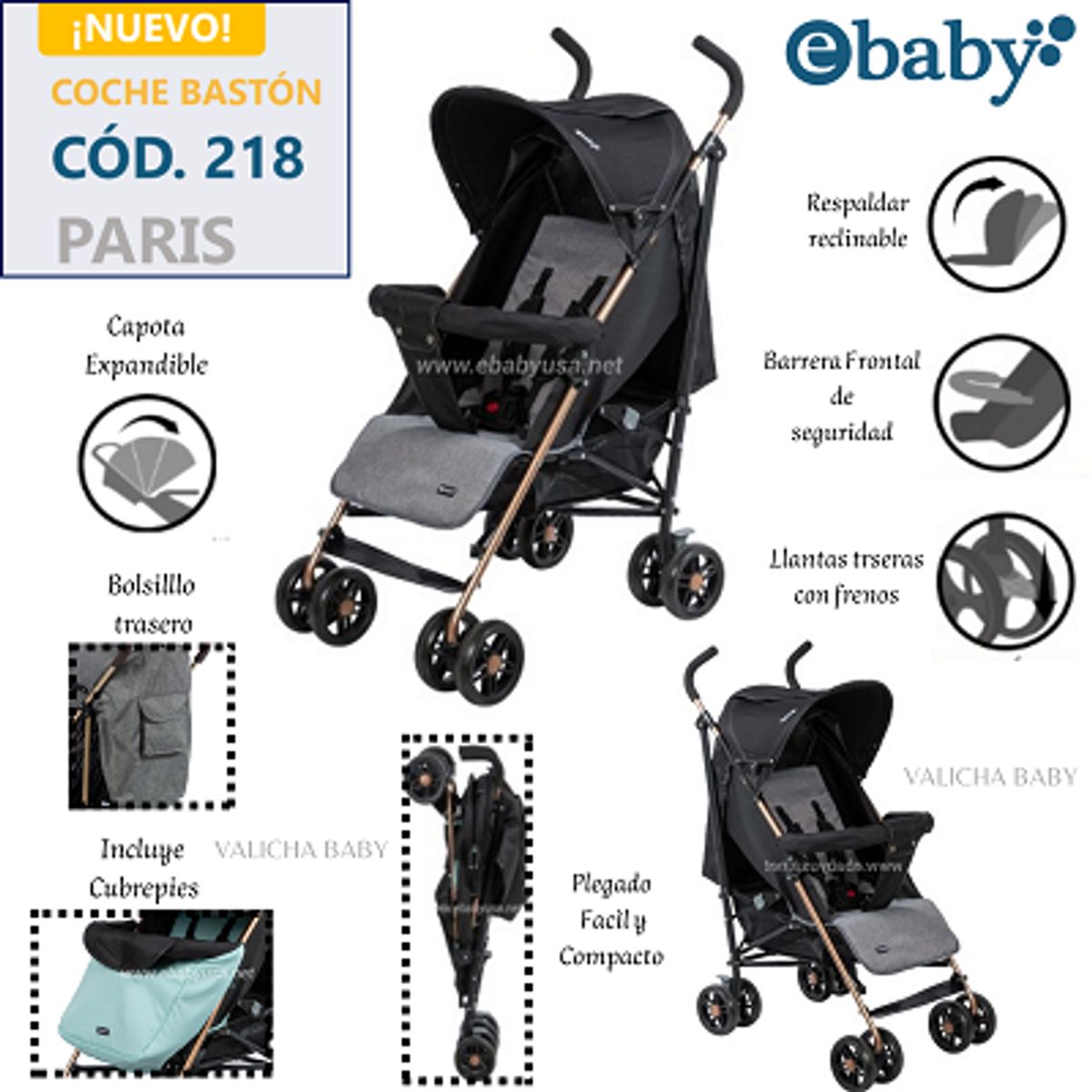 EBABY - COCHE BASTON RECLINABLE PARIS - GRIS