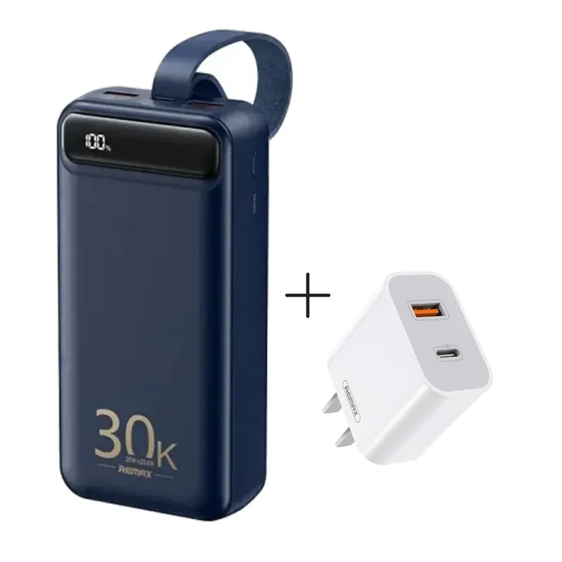 REMAX - Power Bank 30000mAh + Cargador de Pared Remax RPP-522 AZUL + RP-U68
