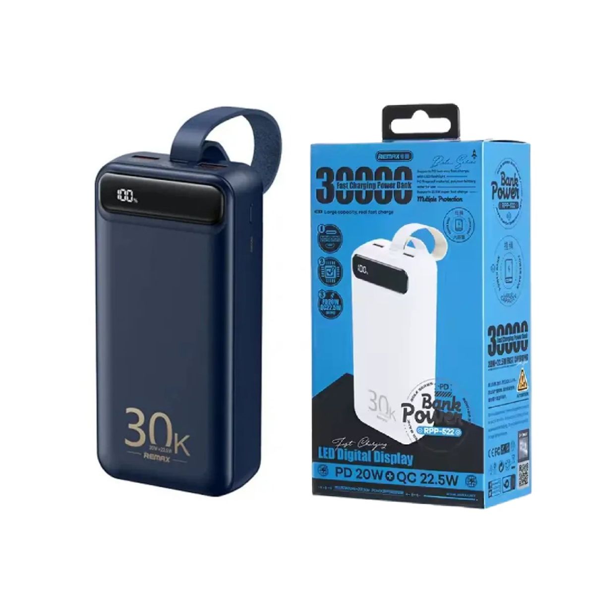 REMAX - Power Bank 30000mAh + Cargador de Pared Remax RPP-522 AZUL + RP-U68