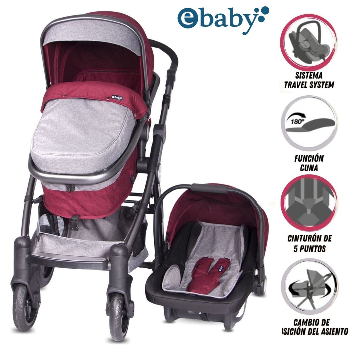 EBABY - Coche Moisés de Lujo «TAINY DELUXE» con Portabebé Red