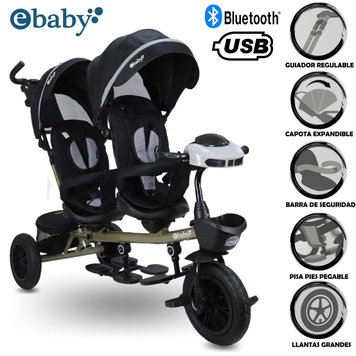 EBABY - Triciclo Guiador EBABY GEMELAR Black