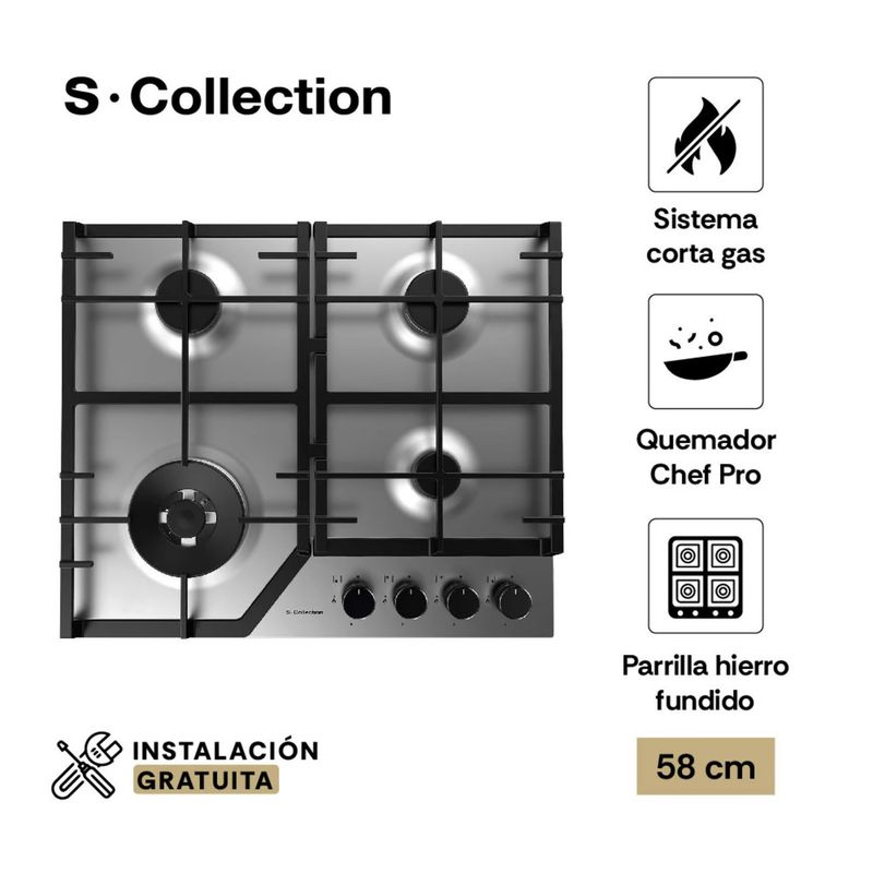 SOLE - Encimera Scollection Acero Inoxidable A Gas 58Cm 4 Hornillas