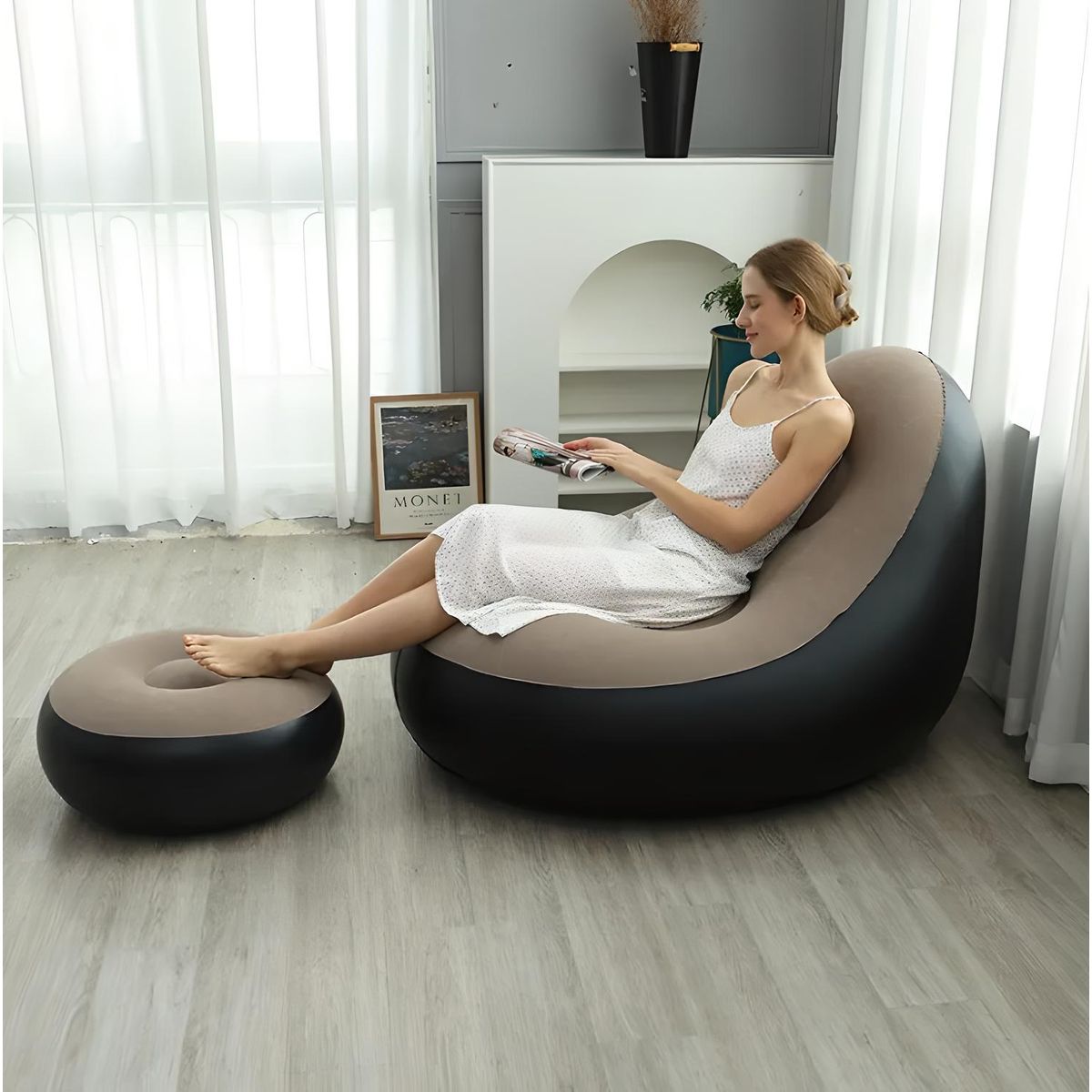 GENERICO - PUFF SILLÓN SOFÁ CAMA CON REPOSA PIES INFLABLE TERRAZA GRIS