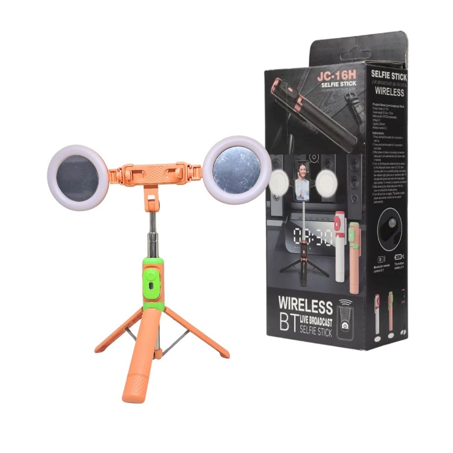 Palo Selfie Bluetooth Doble Luz Led 110cm Naranja GENERICO