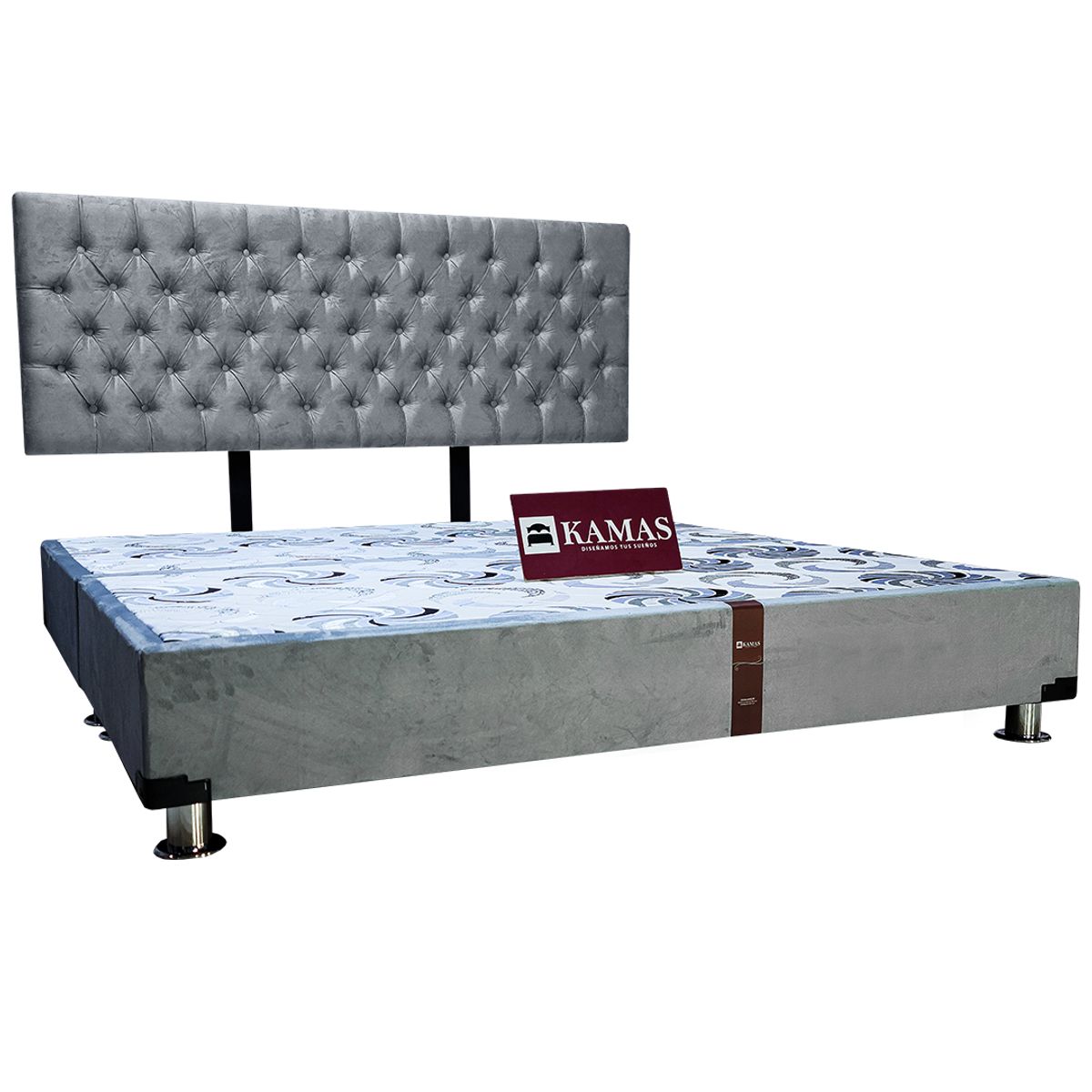 KAMAS - CAMA TARIMA KAMAS KING + CABECERA AÉREA CAPITONEADO - GRIS