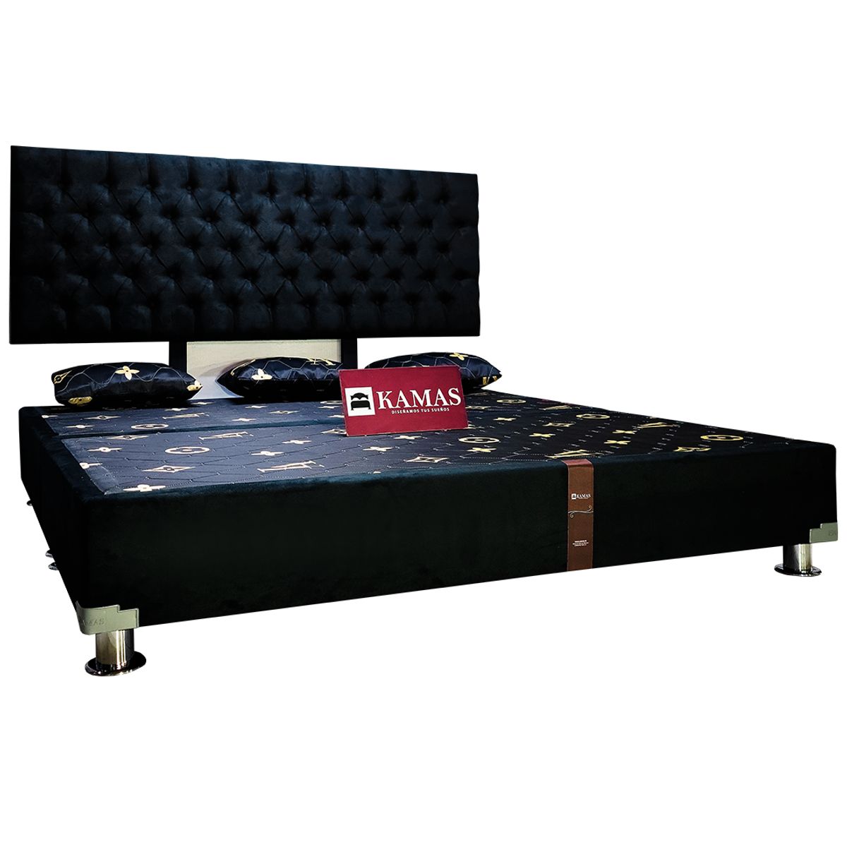 KAMAS - CAMA TARIMA KAMAS KING + CABECERA AÉREA CAPITONEADO - NEGRO