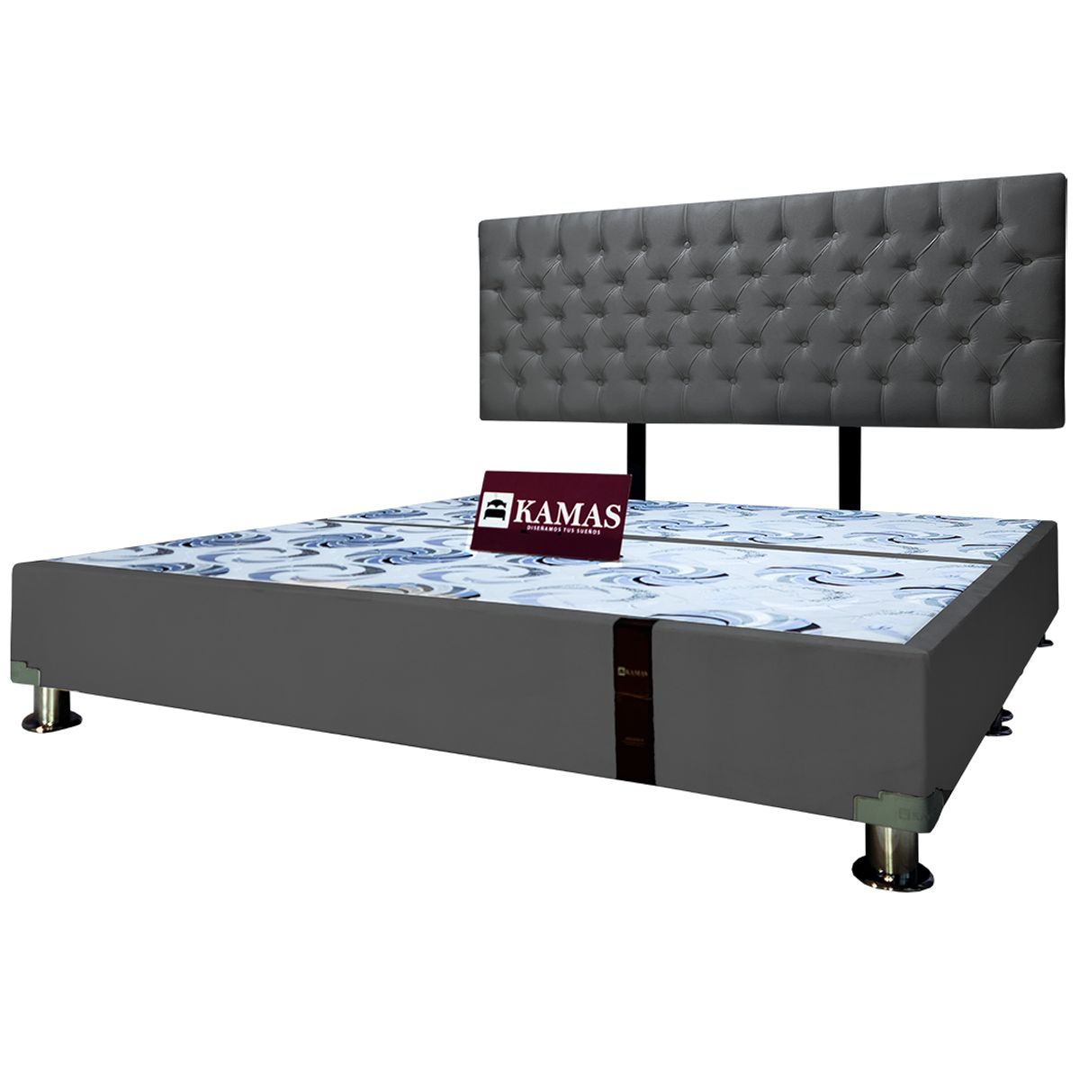 KAMAS - CAMA TARIMA KAMAS KING + CABECERA AÉREA CAPITONEADO - PLOMO