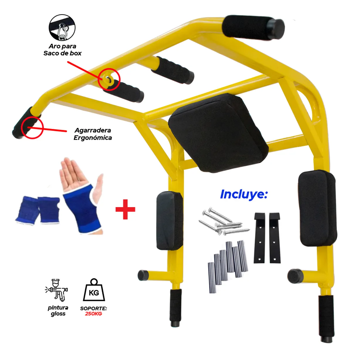 HOLGU - Barra Dominadas 15 en 1 Amarilla Premium + Guantes Gym