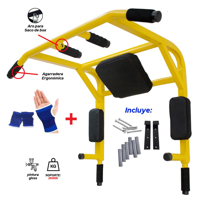 HOLGU - Barra Dominadas 15 en 1 Amarilla Premium + Guantes Gym