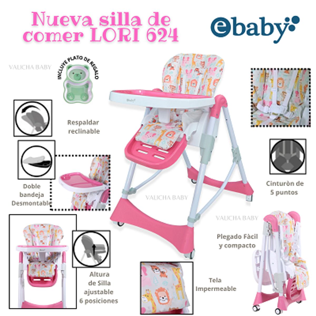 EBABY - SILLA DE COMER GRADUABLE-  LORI - ROSADO ANIMALITOS