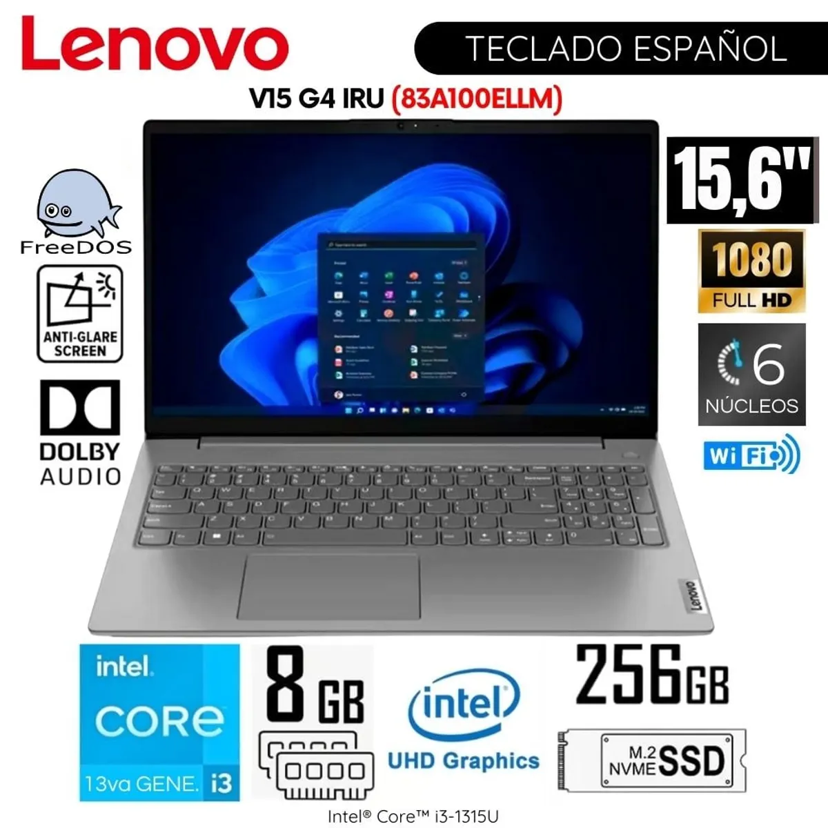 LENOVO - Laptop Lenovo V15 G4 IRU Intel Core i3-1315U 8GB RAM 256GB SSD 15,6  pulg FHD - 83A100ELLM