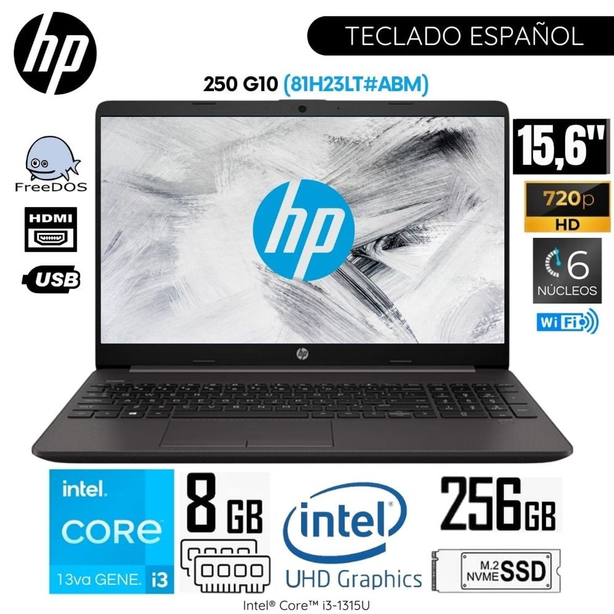 HP - Laptop HP 250 G10 Intel Core i3-1315U 8GB RAM 256GB SSD 15.6 Pulg. HD (81H23LT#ABM)