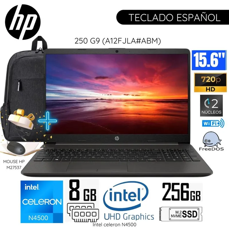 HP - Laptop HP 250 G9 Intel Celeron N4500 8GB RAM 256GB SSD 15.6" Pulg. HD (A12FJLA#ABM)-Plomo Oscuro