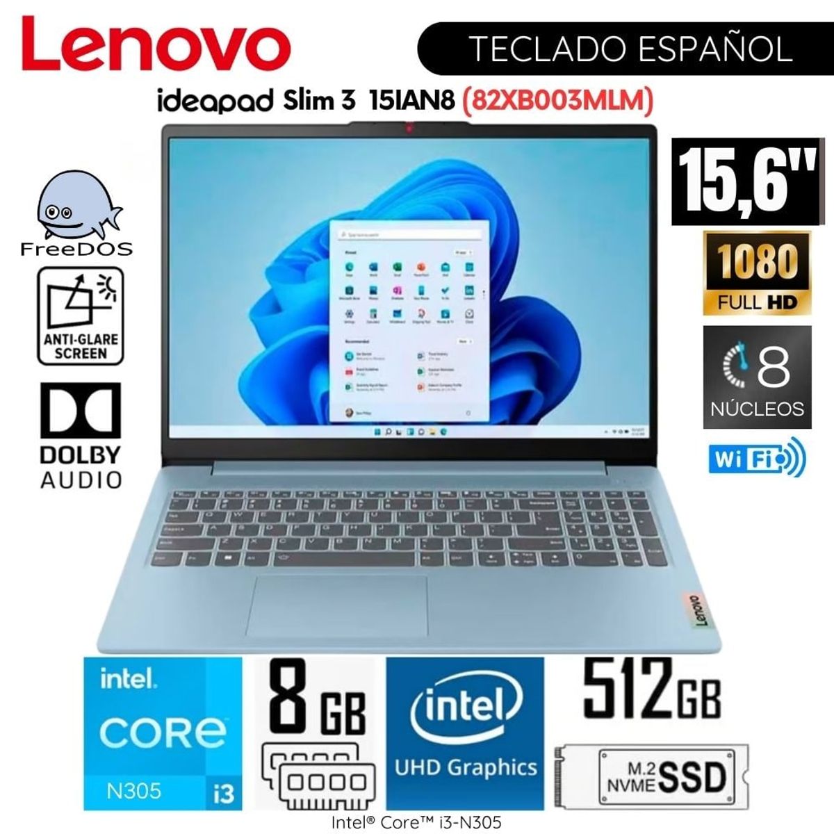 LENOVO - Laptop Lenovo IdeaPad Slim 3 15IAN8 Intel Core i3-N305 8GB RAM 512GB SSD 15.6 FHD - 82XB003MLM