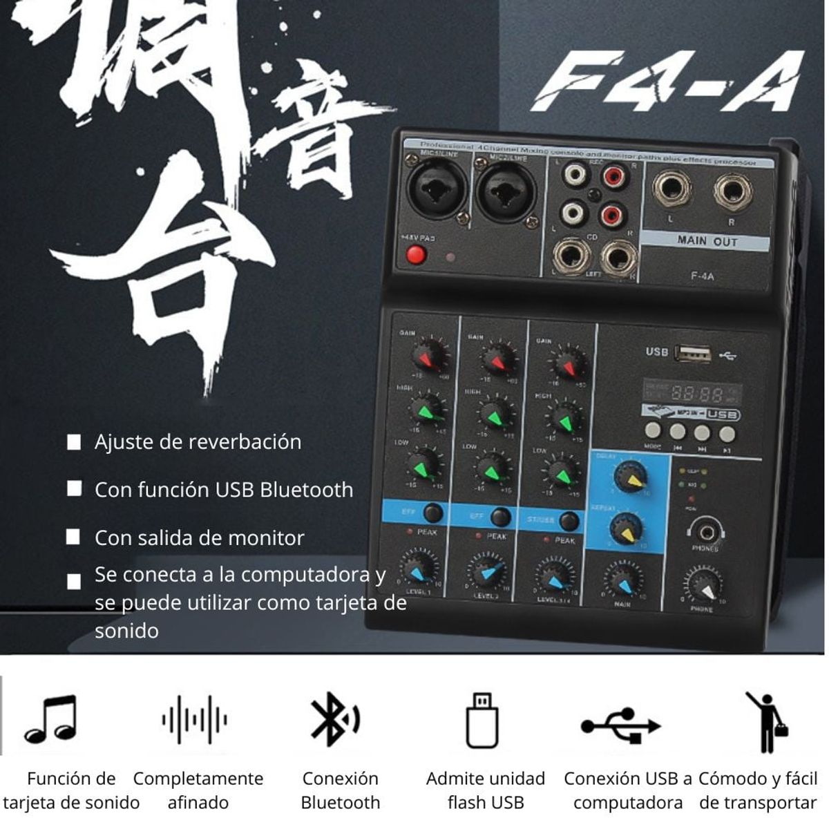 GENERICO - Mezclador de Audio Profesional EN VIVO de 4 Canales Bluetooth USB F-4A