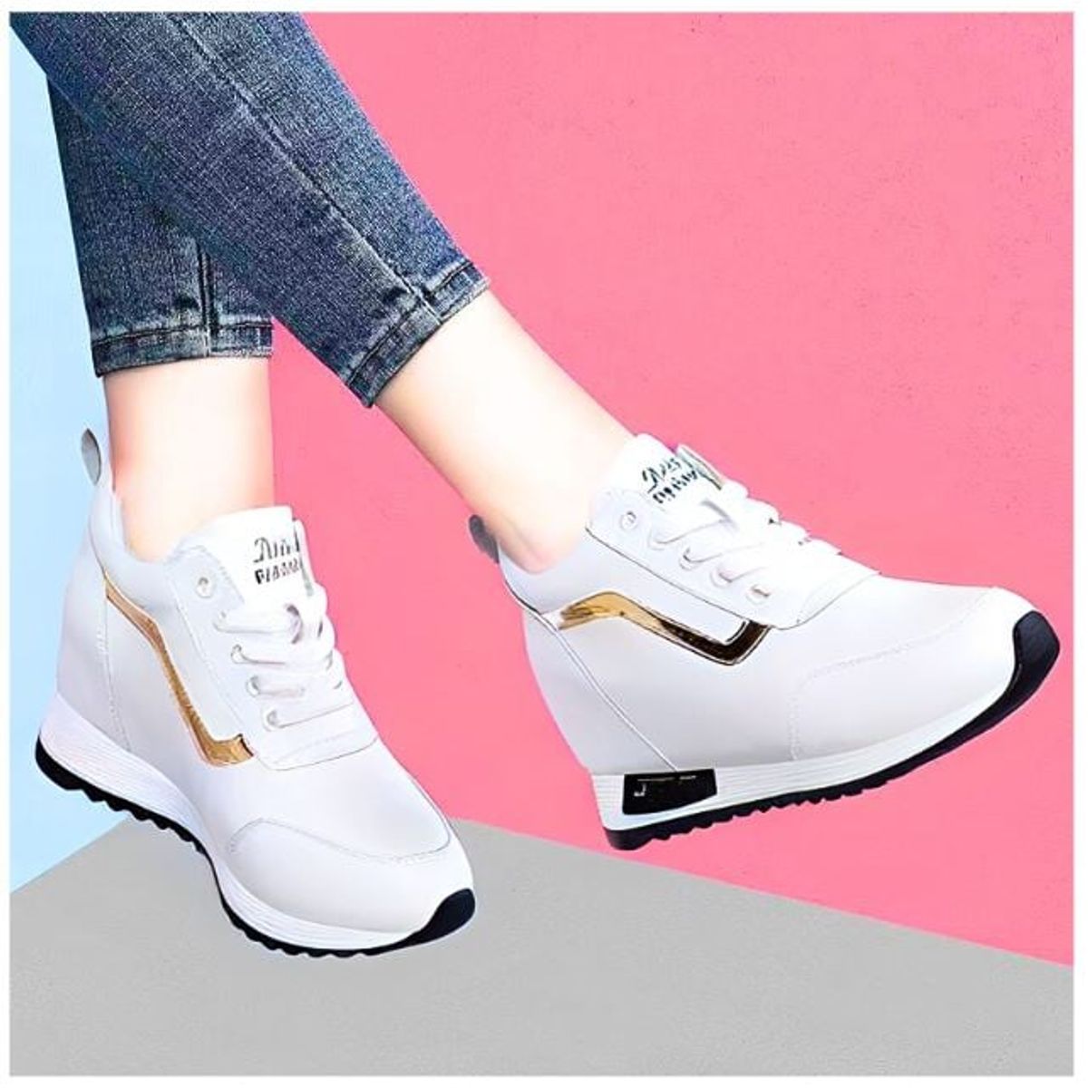 GENERICO - ZAPATILLA DE MUJER CON PLATAFORMA  ALTA 7CM SPORTS RETYNS 789 - BLANCO