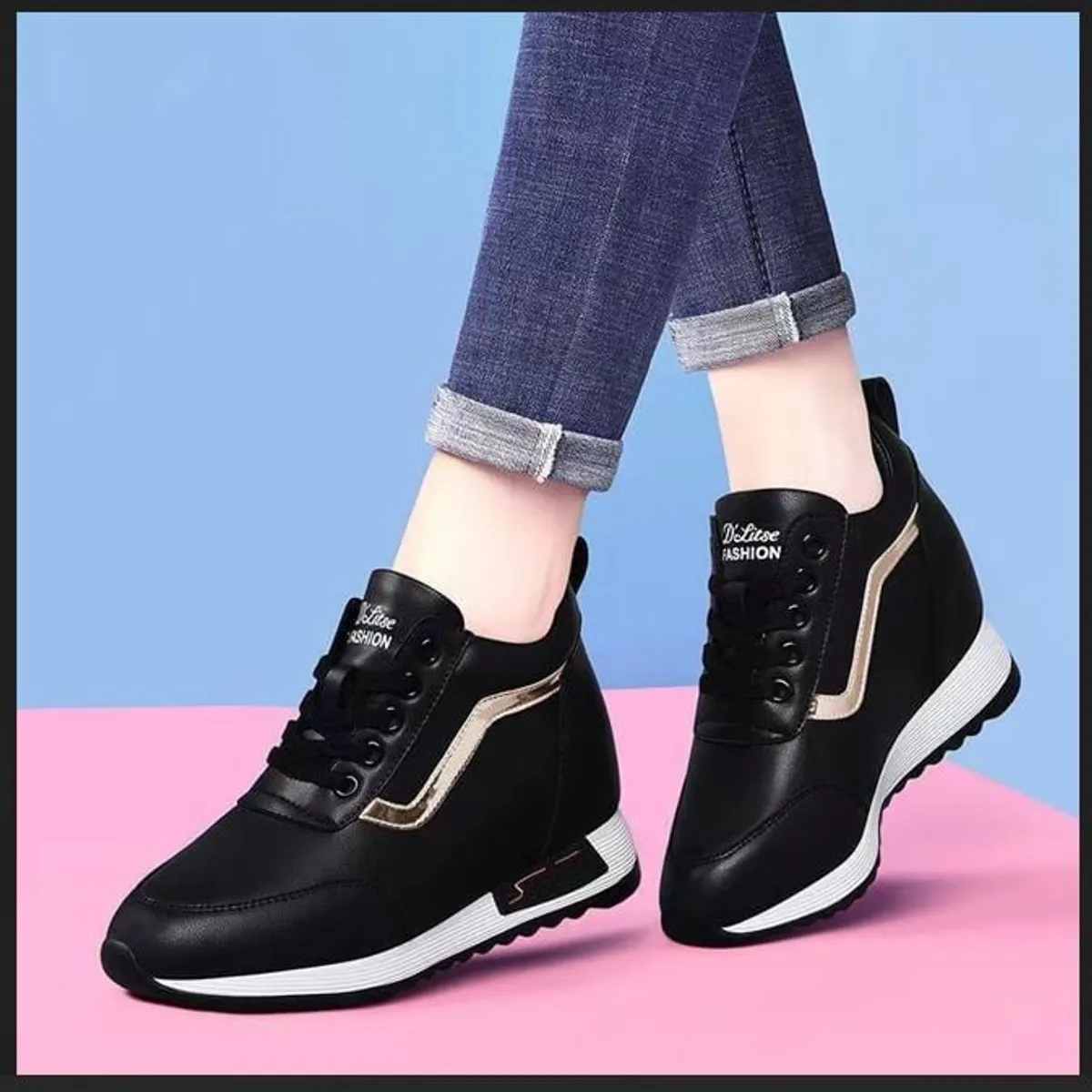 GENERICO - ZAPATILLA DE MUJER CON PLATAFORMA  ALTA 7CM SPORTS RETYNS 789 - NEGRO