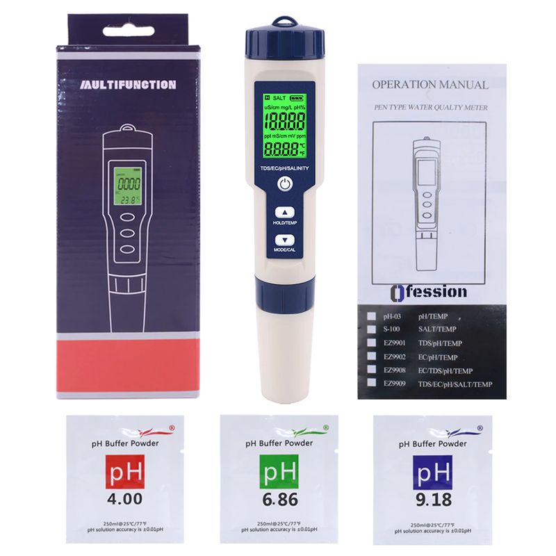 GENERICO - Medidor Digital 5 En 1 Tds Ec Ph Metro Salinidad Temperatura